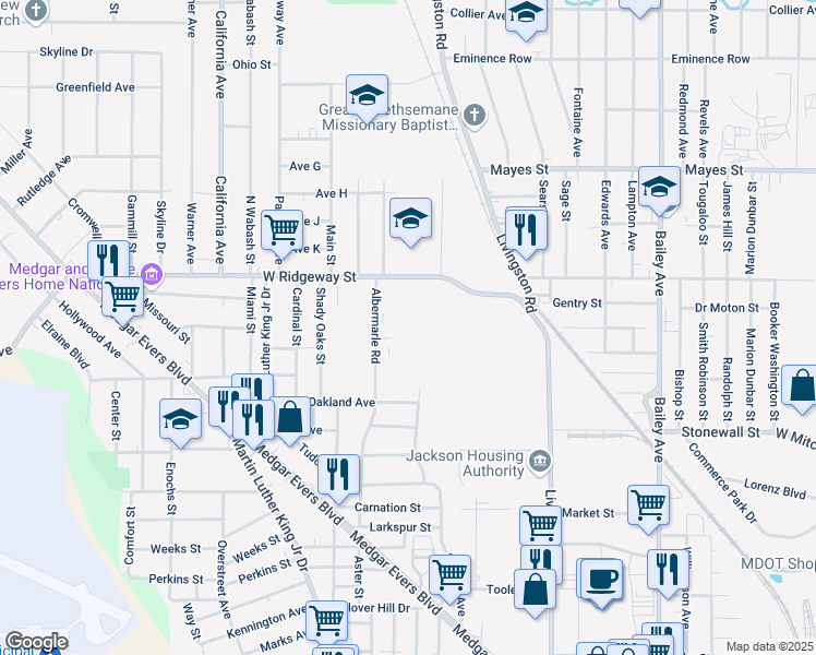map of restaurants, bars, coffee shops, grocery stores, and more near 3454 Albermarle Road in Jackson