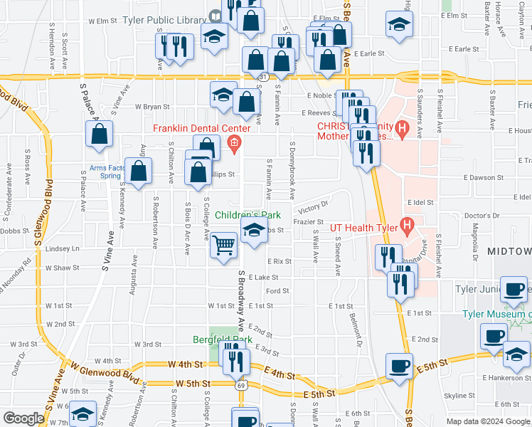 map of restaurants, bars, coffee shops, grocery stores, and more near 135 Rowland Place in Tyler