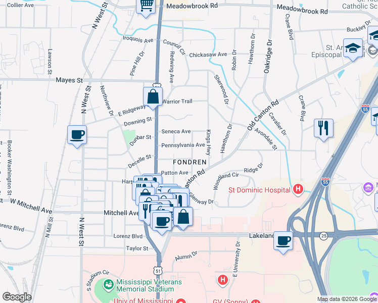 map of restaurants, bars, coffee shops, grocery stores, and more near 3515 Galloway Avenue in Jackson