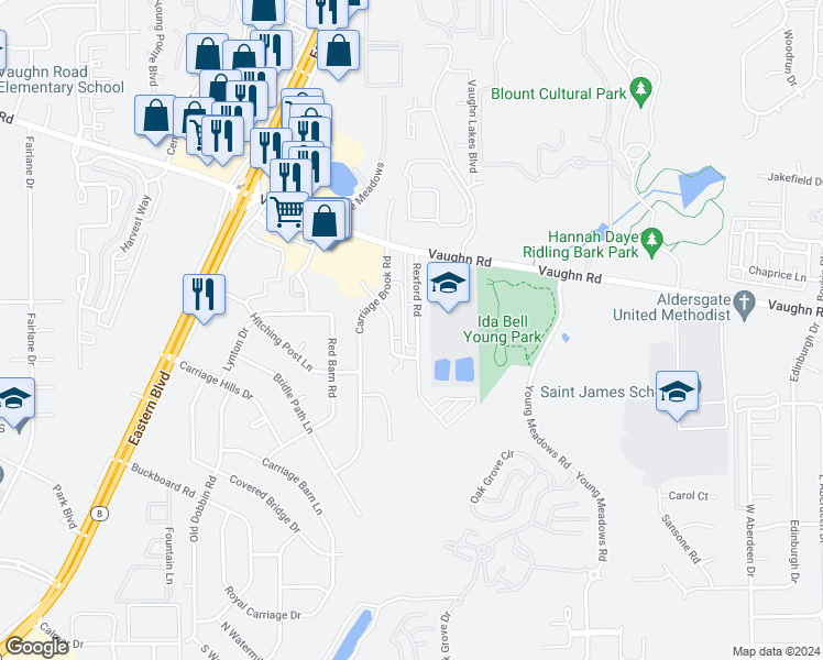 map of restaurants, bars, coffee shops, grocery stores, and more near 2066 Rexford Road in Montgomery