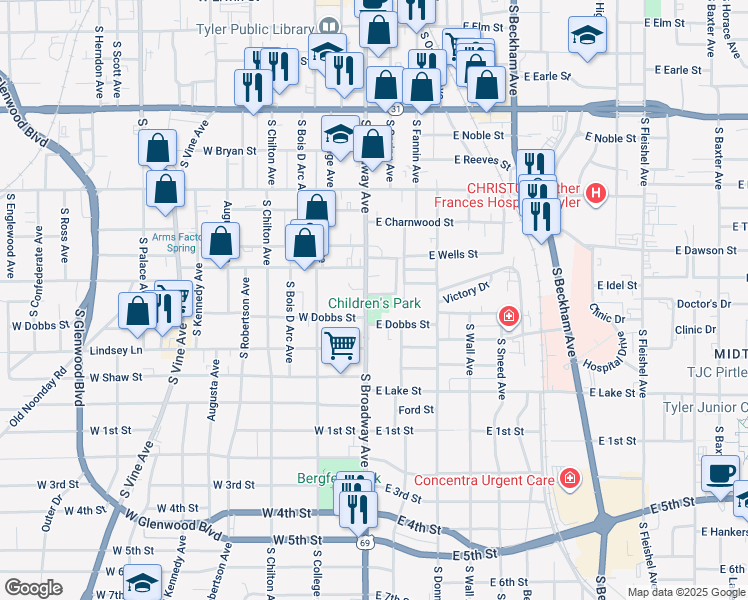 map of restaurants, bars, coffee shops, grocery stores, and more near 900 South Broadway Avenue in Tyler