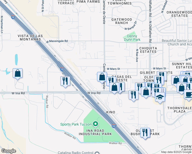 map of restaurants, bars, coffee shops, grocery stores, and more near 7275 Camino de Oeste in Tucson