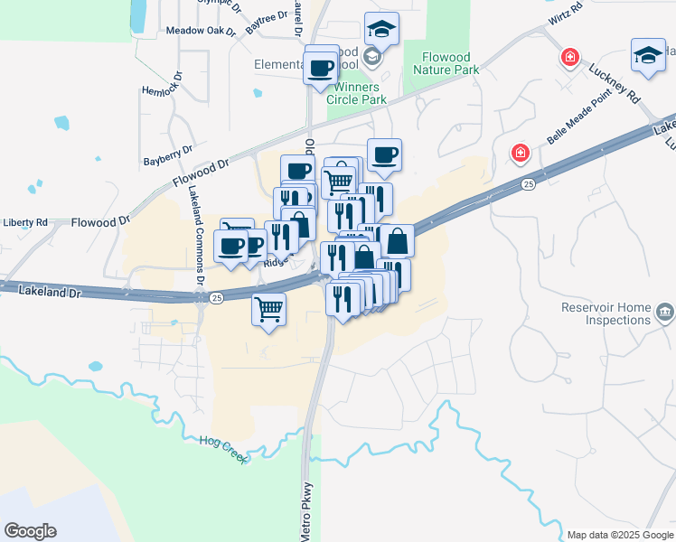 map of restaurants, bars, coffee shops, grocery stores, and more near 4899 Lakeland Drive in Flowood