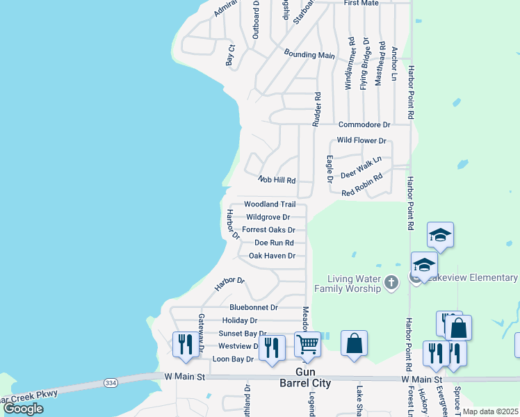 map of restaurants, bars, coffee shops, grocery stores, and more near 135 Woodland Trail in Gun Barrel City