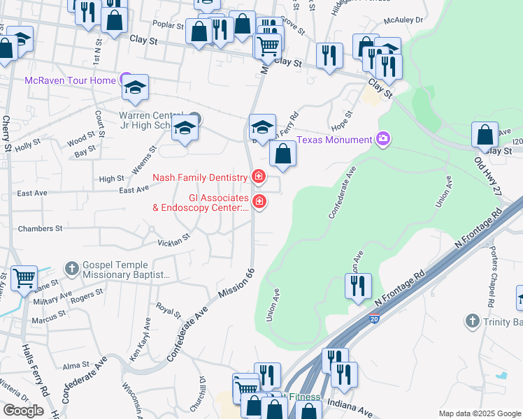 map of restaurants, bars, coffee shops, grocery stores, and more near 1815 Mission 66 in Vicksburg