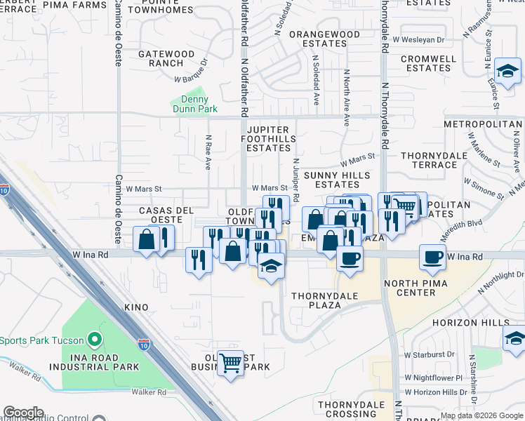 map of restaurants, bars, coffee shops, grocery stores, and more near 7353 North Shirley Lane in Tucson