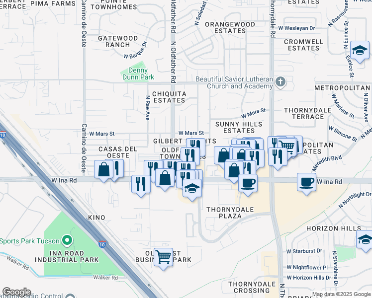 map of restaurants, bars, coffee shops, grocery stores, and more near 7353 North Shirley Lane in Tucson