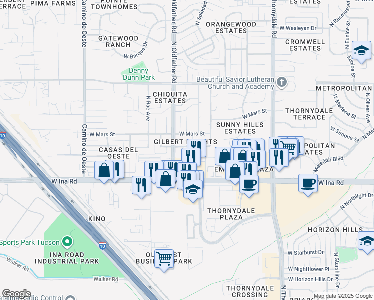 map of restaurants, bars, coffee shops, grocery stores, and more near 7353 North Shirley Lane in Tucson