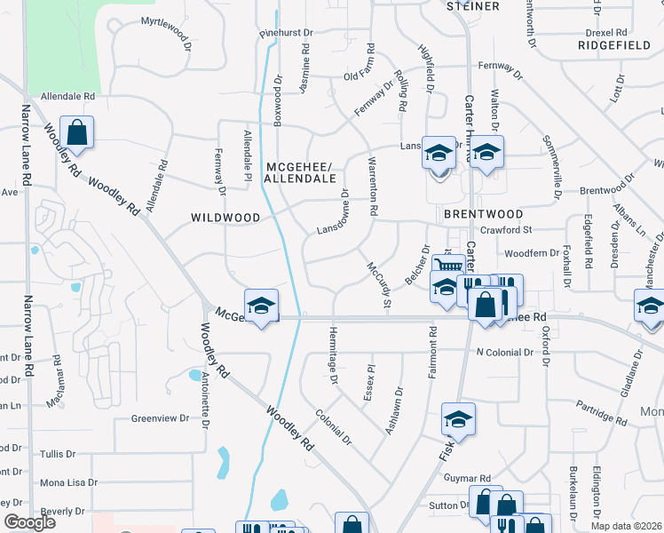 map of restaurants, bars, coffee shops, grocery stores, and more near 3481 Warrenton Road in Montgomery