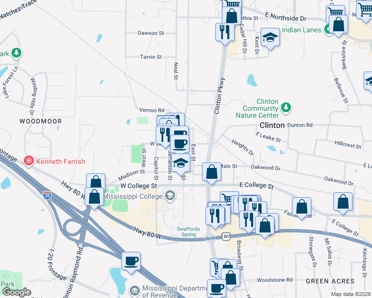 map of restaurants, bars, coffee shops, grocery stores, and more near 104 East Leake Street in Clinton