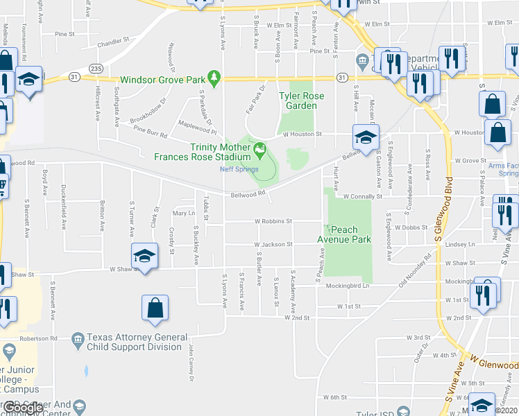 map of restaurants, bars, coffee shops, grocery stores, and more near 2002 Bellwood Road in Tyler
