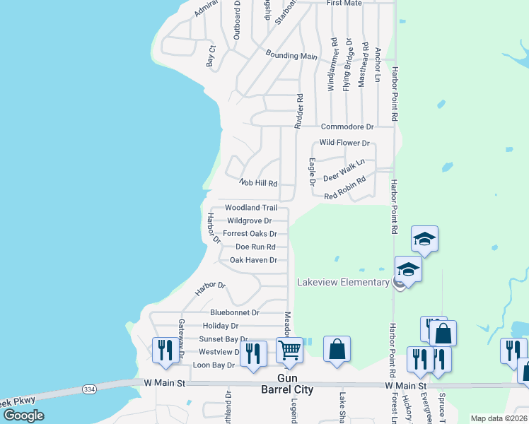 map of restaurants, bars, coffee shops, grocery stores, and more near 115 Woodland Trail in Gun Barrel City