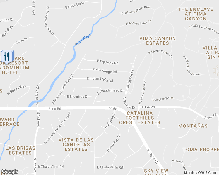map of restaurants, bars, coffee shops, grocery stores, and more near 1435 East Thunderhead Drive in Tucson