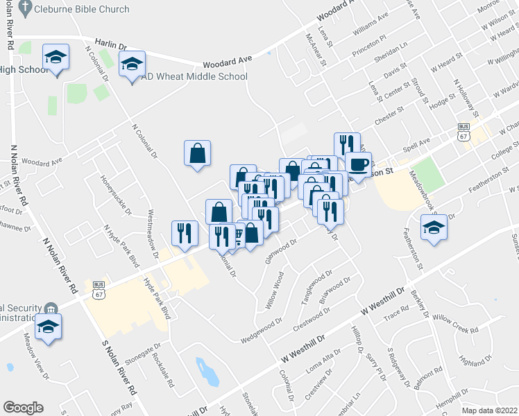 map of restaurants, bars, coffee shops, grocery stores, and more near 1602 West Henderson Street in Cleburne