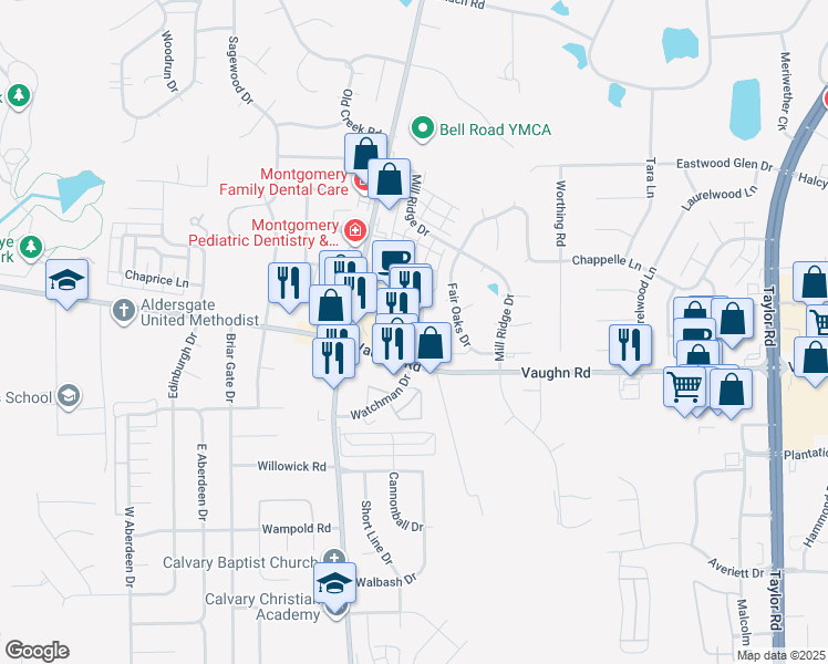 map of restaurants, bars, coffee shops, grocery stores, and more near 2775 Bell Road in Montgomery