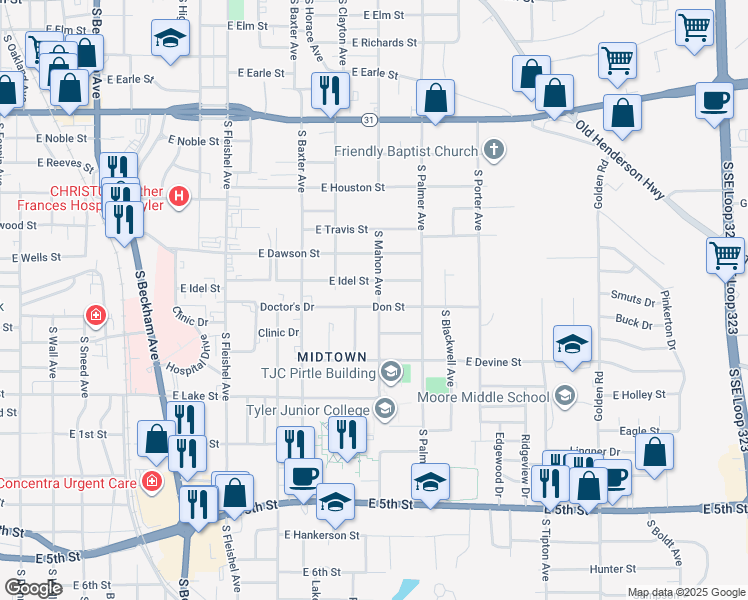 map of restaurants, bars, coffee shops, grocery stores, and more near 1428 Don Street in Tyler