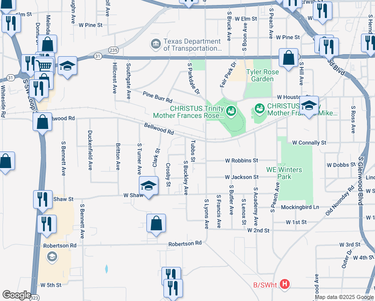 map of restaurants, bars, coffee shops, grocery stores, and more near 830 South Buckley Avenue in Tyler