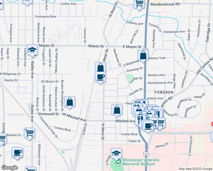 map of restaurants, bars, coffee shops, grocery stores, and more near 209 Stirling Street in Jackson
