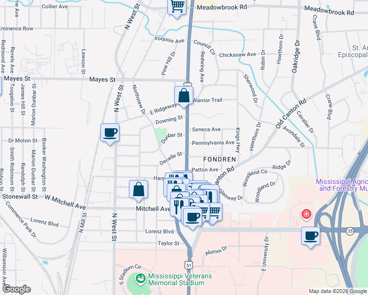 map of restaurants, bars, coffee shops, grocery stores, and more near 3426 North State Street in Jackson