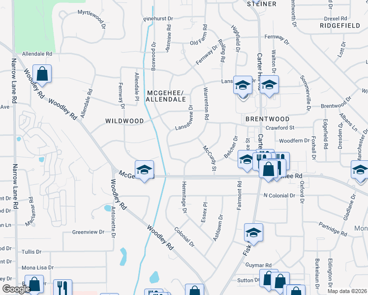 map of restaurants, bars, coffee shops, grocery stores, and more near 3481 Warrenton Road in Montgomery