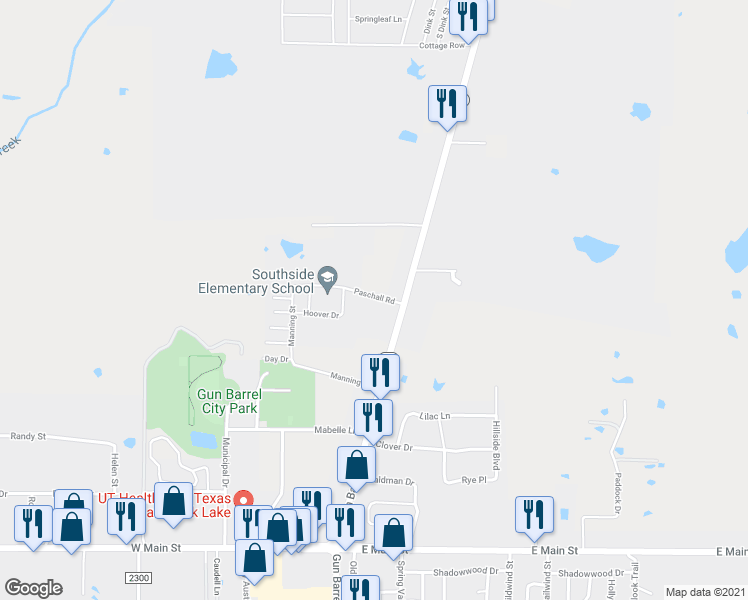 map of restaurants, bars, coffee shops, grocery stores, and more near 75 Paschall Road in Mabank