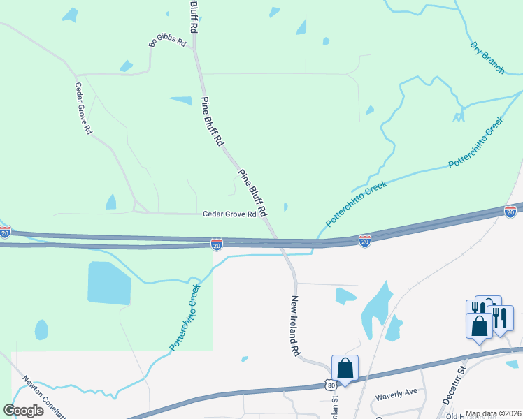 map of restaurants, bars, coffee shops, grocery stores, and more near 795 Pine Bluff Road in Newton