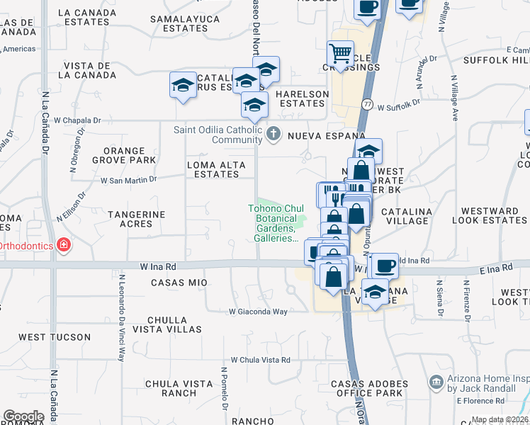 map of restaurants, bars, coffee shops, grocery stores, and more near 7366 North Paseo Del Norte in Tucson