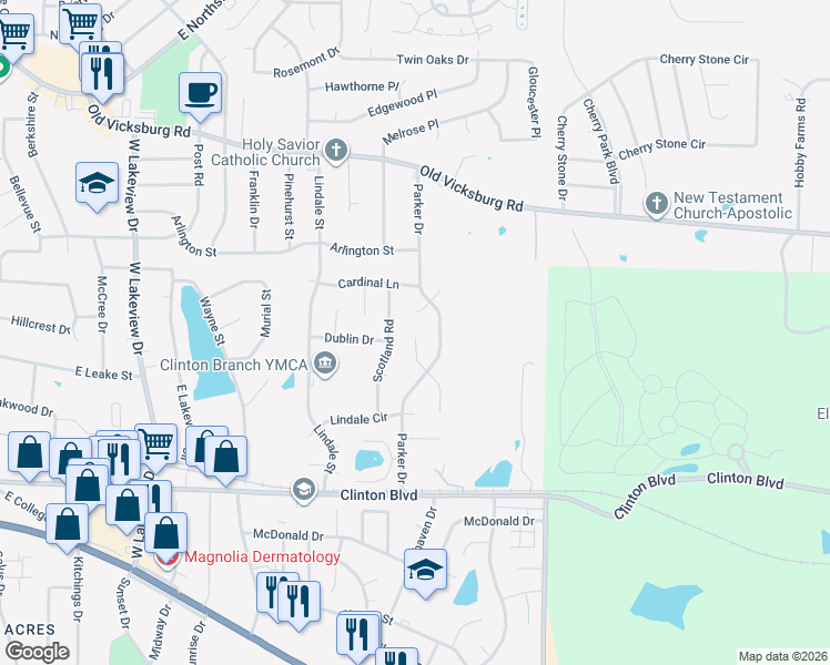 map of restaurants, bars, coffee shops, grocery stores, and more near 409 Parker Drive in Clinton