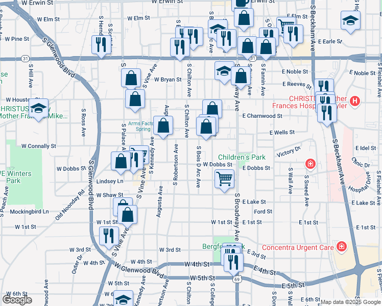 map of restaurants, bars, coffee shops, grocery stores, and more near 821 South Bois D Arc Avenue in Tyler