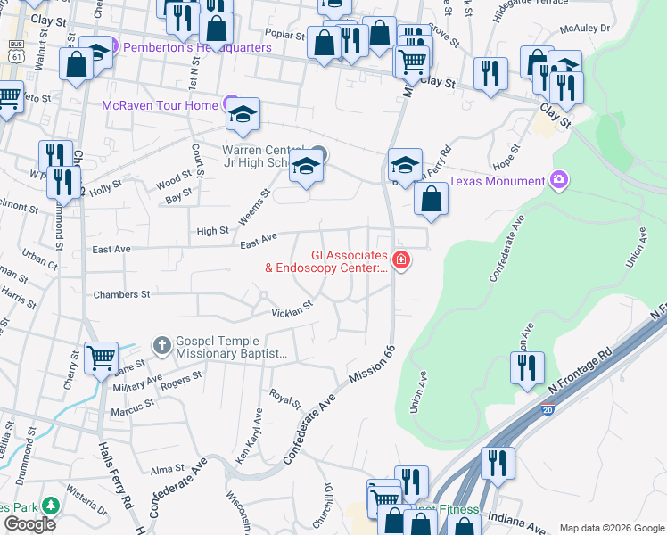 map of restaurants, bars, coffee shops, grocery stores, and more near 1810 Vicklan Street in Vicksburg