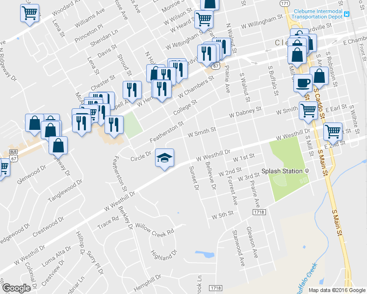 map of restaurants, bars, coffee shops, grocery stores, and more near 206 Sunset Drive in Cleburne