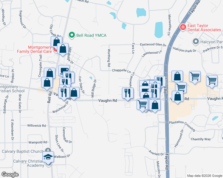 map of restaurants, bars, coffee shops, grocery stores, and more near 1673 Worthing Road in Montgomery