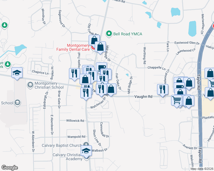 map of restaurants, bars, coffee shops, grocery stores, and more near 2775 Bell Road in Montgomery