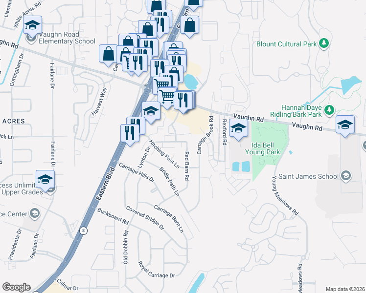 map of restaurants, bars, coffee shops, grocery stores, and more near 5644 Red Barn Road in Montgomery