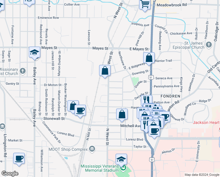 map of restaurants, bars, coffee shops, grocery stores, and more near 209 Stirling Street in Jackson