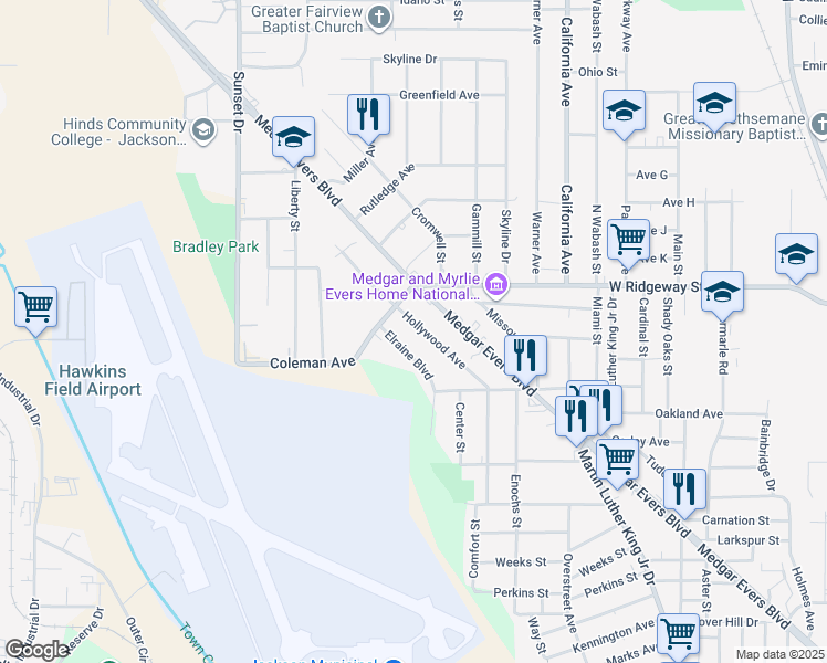 map of restaurants, bars, coffee shops, grocery stores, and more near 3641 Hollywood Avenue in Jackson