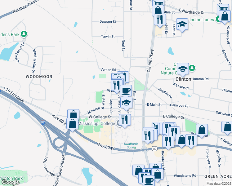 map of restaurants, bars, coffee shops, grocery stores, and more near 209 West Leake Street in Clinton