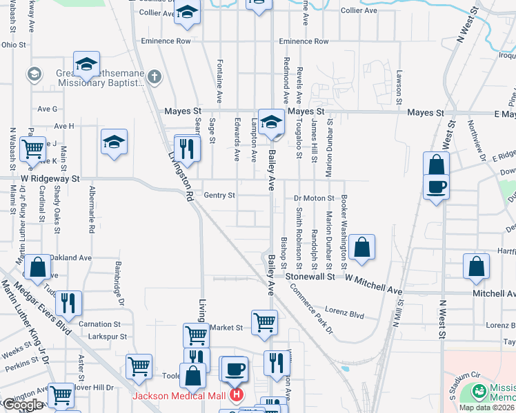 map of restaurants, bars, coffee shops, grocery stores, and more near 1022 Warren St in Jackson