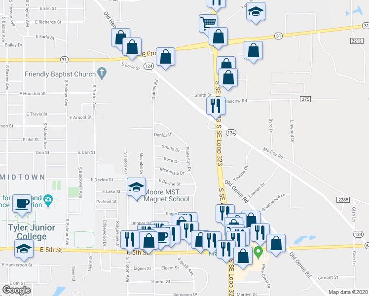 map of restaurants, bars, coffee shops, grocery stores, and more near 2430 Smuts Drive in Tyler