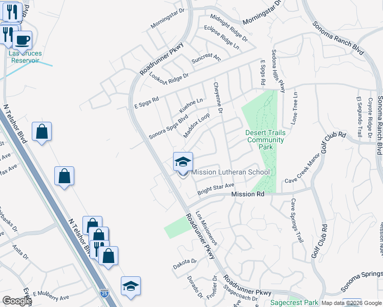 map of restaurants, bars, coffee shops, grocery stores, and more near 2774 Bitter Creek Lane in Las Cruces