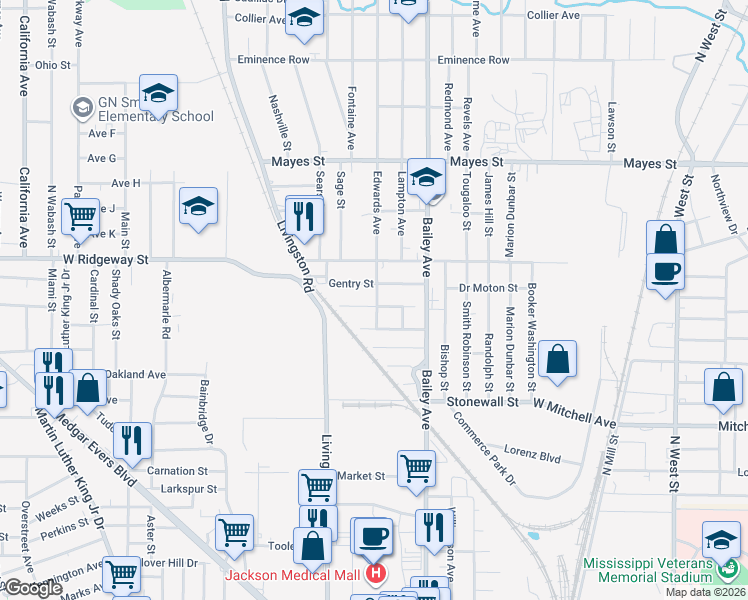 map of restaurants, bars, coffee shops, grocery stores, and more near 1202 Warren St in Jackson