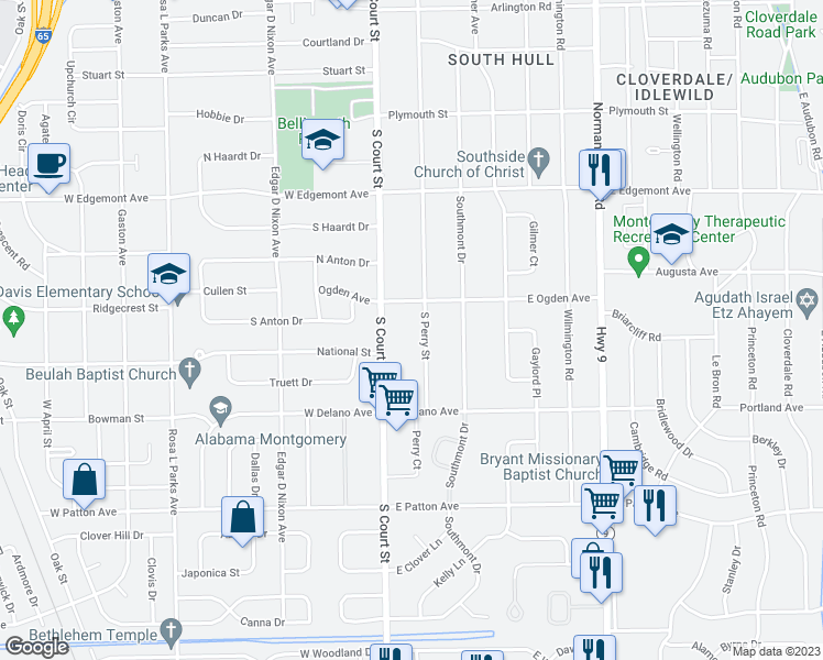 map of restaurants, bars, coffee shops, grocery stores, and more near 3524 S Perry St in Montgomery