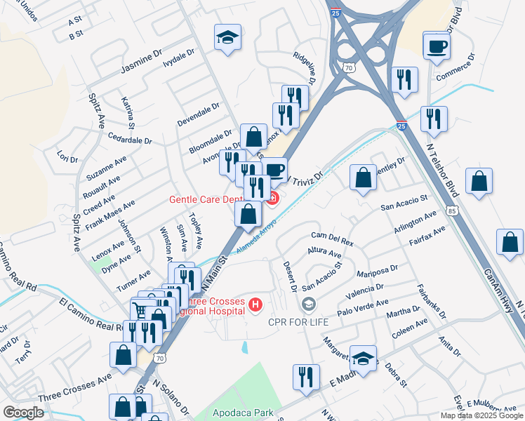 map of restaurants, bars, coffee shops, grocery stores, and more near 2970 North Main Street in Las Cruces