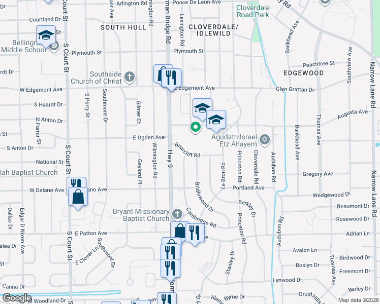 map of restaurants, bars, coffee shops, grocery stores, and more near 531 Briarcliff Road in Montgomery