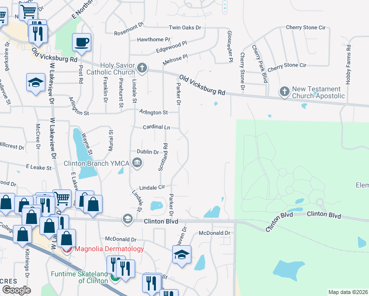 map of restaurants, bars, coffee shops, grocery stores, and more near 409 Parker Drive in Clinton