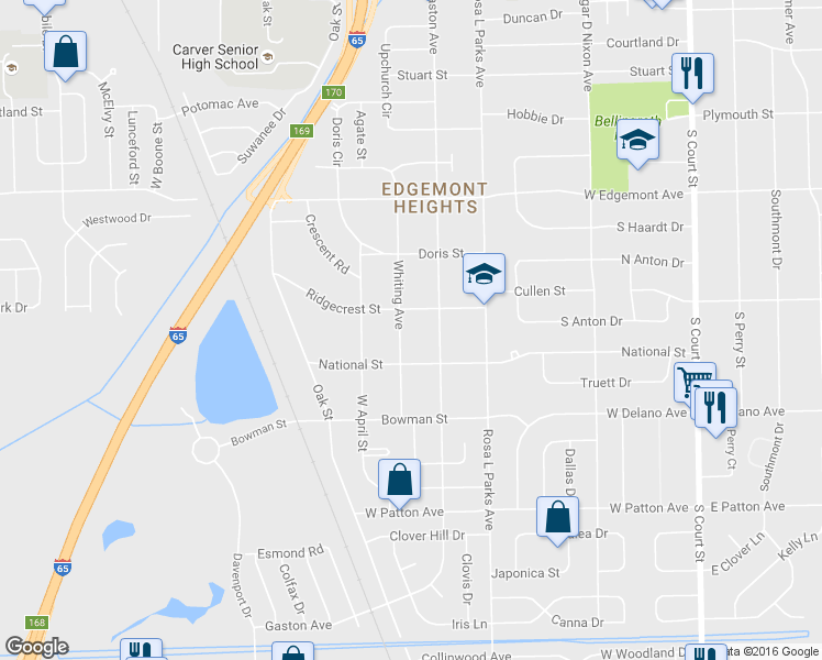 map of restaurants, bars, coffee shops, grocery stores, and more near 3629 Whiting Avenue in Montgomery