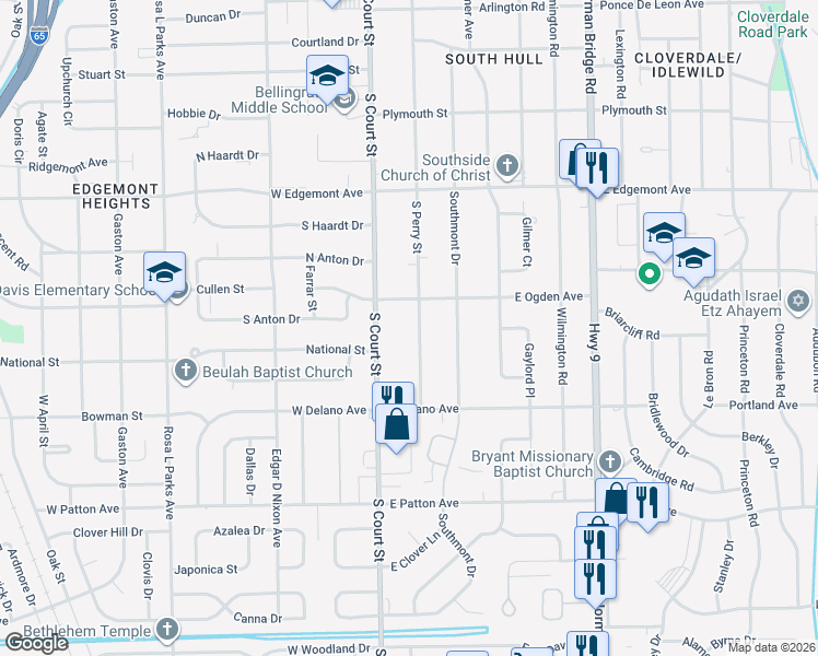 map of restaurants, bars, coffee shops, grocery stores, and more near 3524 South Perry Street in Montgomery