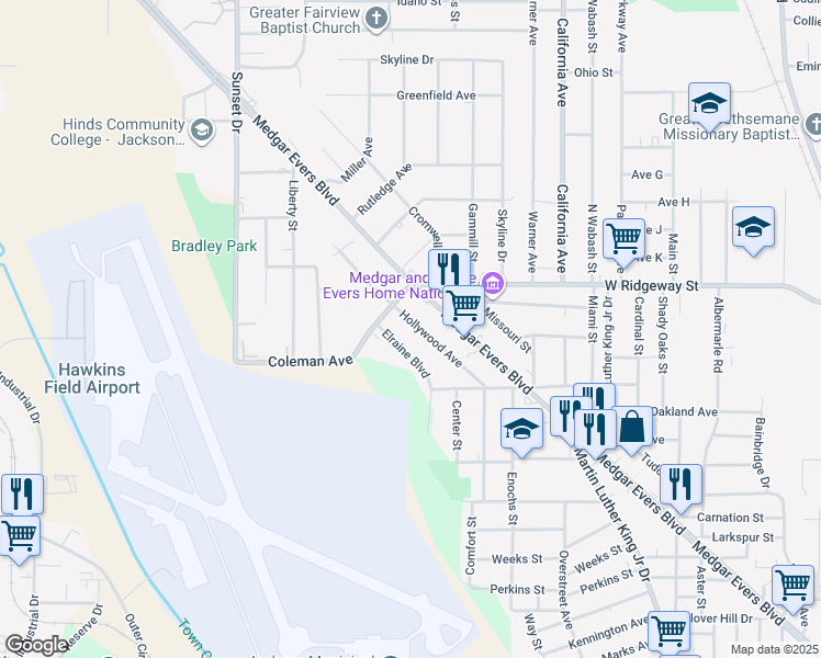 map of restaurants, bars, coffee shops, grocery stores, and more near 3641 Hollywood Ave in Jackson