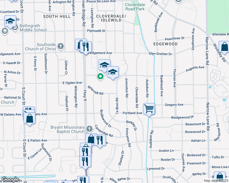 map of restaurants, bars, coffee shops, grocery stores, and more near 711 Briarcliff Road in Montgomery