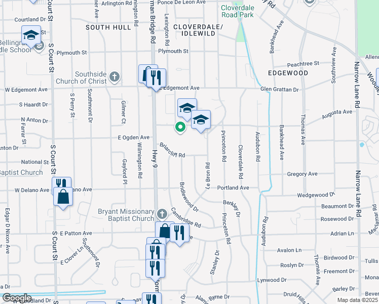 map of restaurants, bars, coffee shops, grocery stores, and more near 611 Briarcliff Road in Montgomery